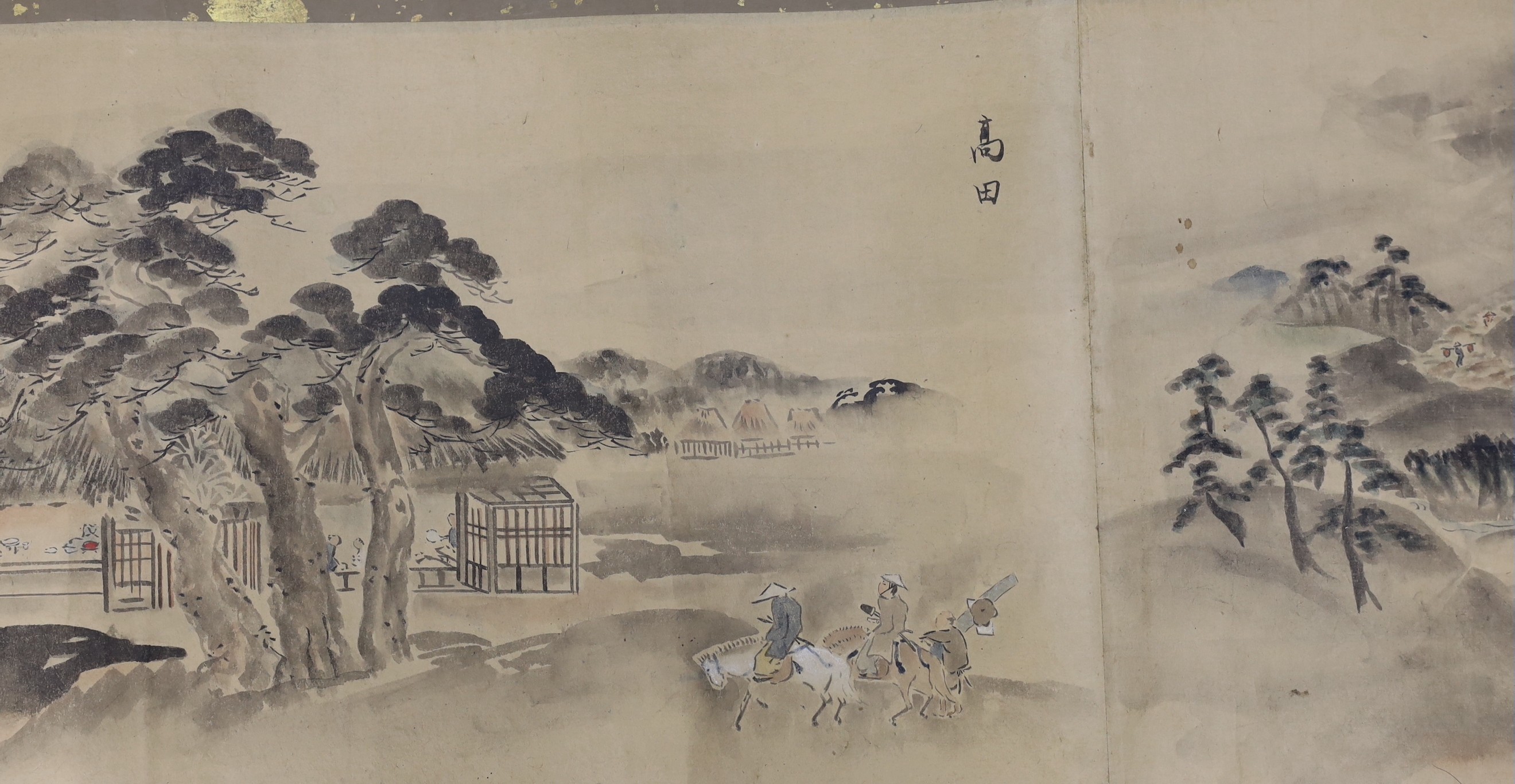 A Japanese landscape painting on paper hand scroll, Edo period, titled views, now in two parts, incomplete, image 27cm high x approximately 470cm wide